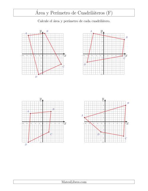 La hoja de ejercicios de Calcular el Área y el Perímetro de Cuadriláteros a partir de sus coordenadas (F)