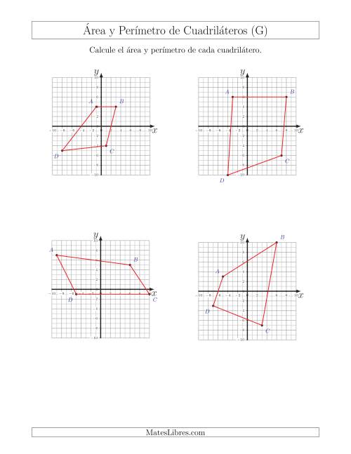 La hoja de ejercicios de Calcular el Área y el Perímetro de Cuadriláteros a partir de sus coordenadas (G)