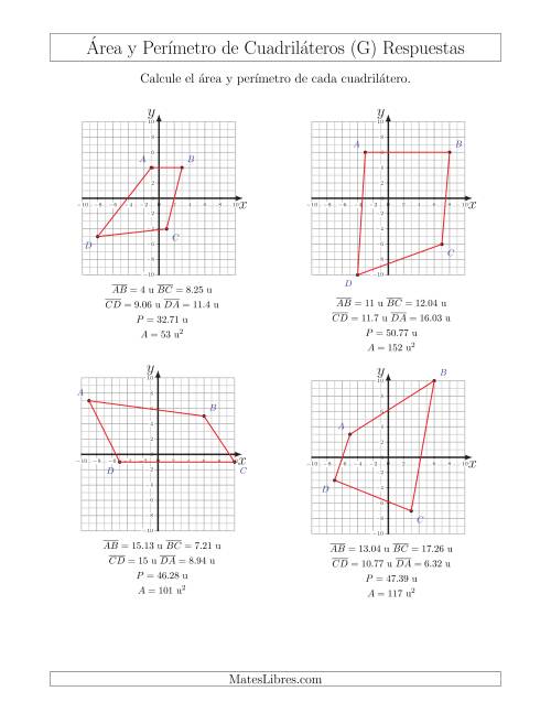 La hoja de ejercicios de Calcular el Área y el Perímetro de Cuadriláteros a partir de sus coordenadas (G) Página 2