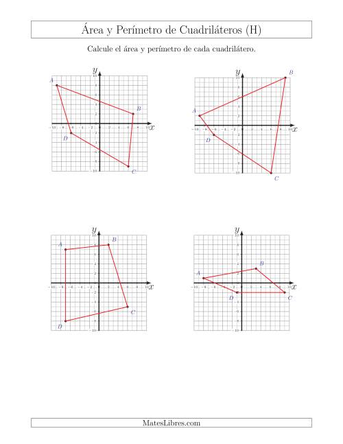 La hoja de ejercicios de Calcular el Área y el Perímetro de Cuadriláteros a partir de sus coordenadas (H)