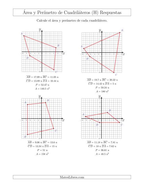 La hoja de ejercicios de Calcular el Área y el Perímetro de Cuadriláteros a partir de sus coordenadas (H) Página 2