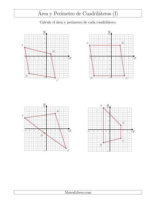 La hoja de ejercicios de Calcular el Área y el Perímetro de Cuadriláteros a partir de sus coordenadas (I)