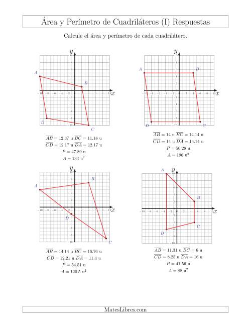 La hoja de ejercicios de Calcular el Área y el Perímetro de Cuadriláteros a partir de sus coordenadas (I) Página 2