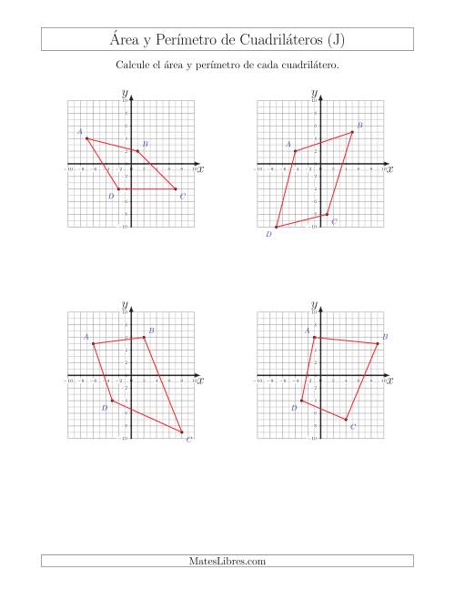 La hoja de ejercicios de Calcular el Área y el Perímetro de Cuadriláteros a partir de sus coordenadas (J)