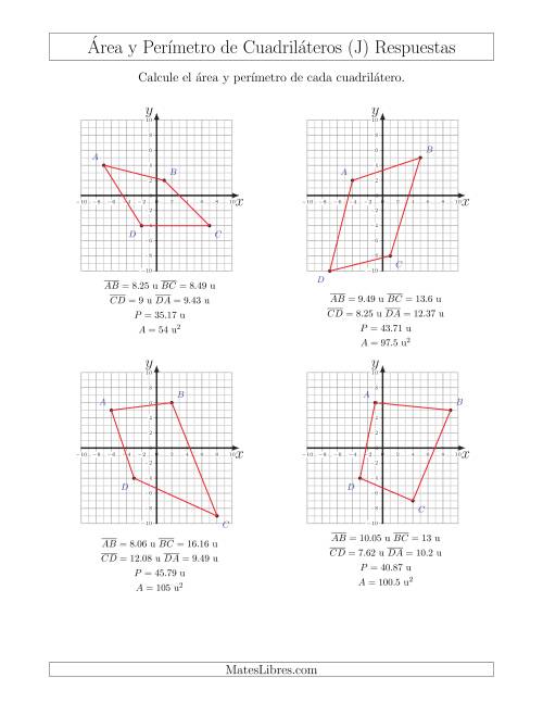 La hoja de ejercicios de Calcular el Área y el Perímetro de Cuadriláteros a partir de sus coordenadas (J) Página 2