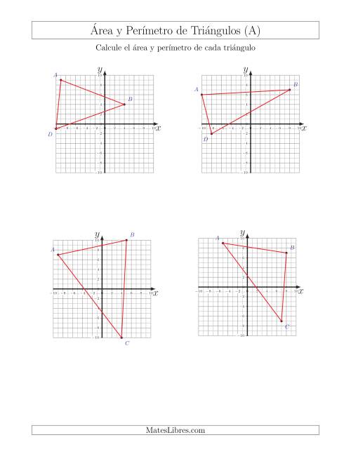 La hoja de ejercicios de Calcular el Área y el Perímetro de Triángulos a partir de sus coordenadas (A)