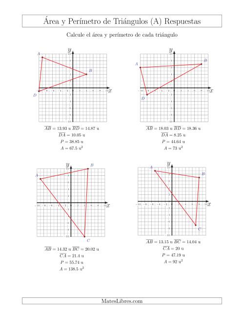 La hoja de ejercicios de Calcular el Área y el Perímetro de Triángulos a partir de sus coordenadas (A) Página 2