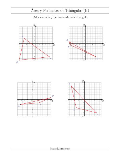 La hoja de ejercicios de Calcular el Área y el Perímetro de Triángulos a partir de sus coordenadas (B)