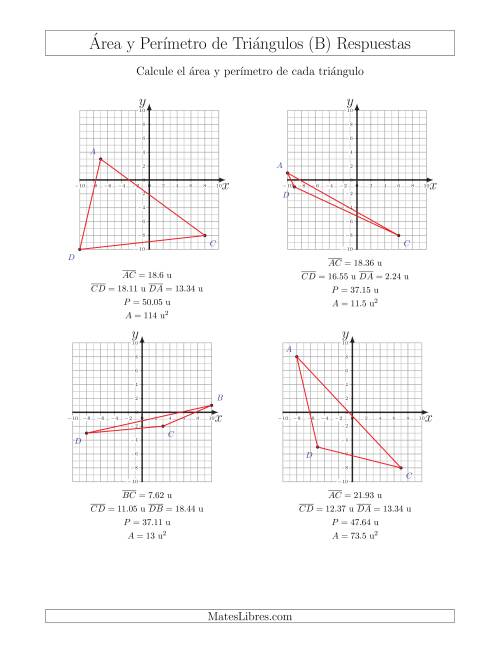 La hoja de ejercicios de Calcular el Área y el Perímetro de Triángulos a partir de sus coordenadas (B) Página 2