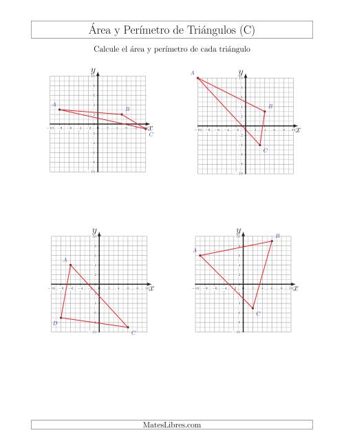 La hoja de ejercicios de Calcular el Área y el Perímetro de Triángulos a partir de sus coordenadas (C)