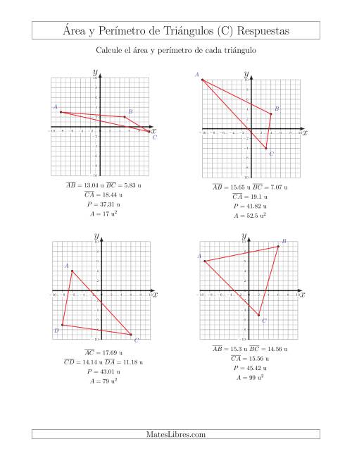 La hoja de ejercicios de Calcular el Área y el Perímetro de Triángulos a partir de sus coordenadas (C) Página 2