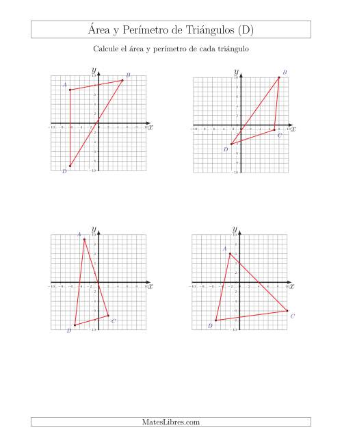 La hoja de ejercicios de Calcular el Área y el Perímetro de Triángulos a partir de sus coordenadas (D)