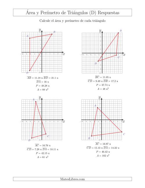 La hoja de ejercicios de Calcular el Área y el Perímetro de Triángulos a partir de sus coordenadas (D) Página 2