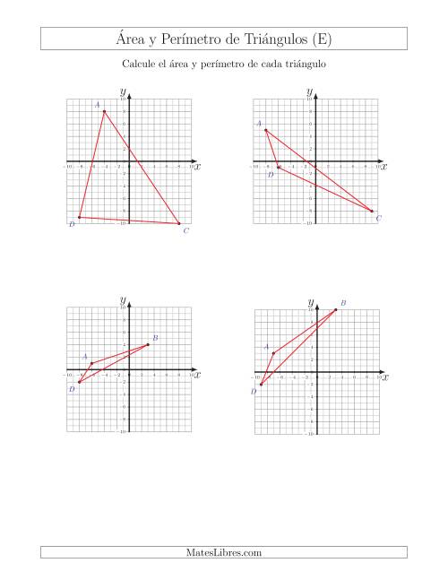 La hoja de ejercicios de Calcular el Área y el Perímetro de Triángulos a partir de sus coordenadas (E)
