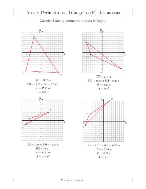 La hoja de ejercicios de Calcular el Área y el Perímetro de Triángulos a partir de sus coordenadas (E) Página 2