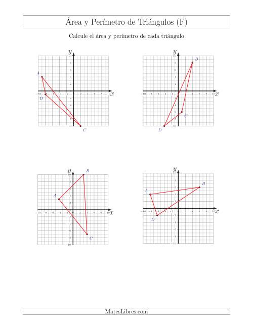 La hoja de ejercicios de Calcular el Área y el Perímetro de Triángulos a partir de sus coordenadas (F)
