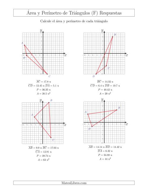 La hoja de ejercicios de Calcular el Área y el Perímetro de Triángulos a partir de sus coordenadas (F) Página 2