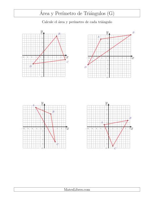 La hoja de ejercicios de Calcular el Área y el Perímetro de Triángulos a partir de sus coordenadas (G)