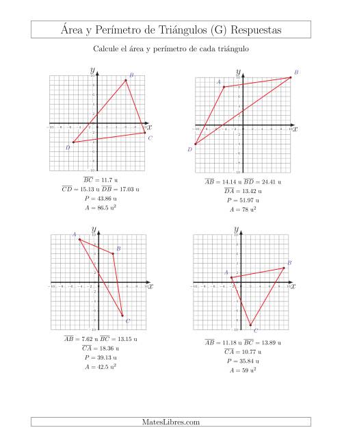 La hoja de ejercicios de Calcular el Área y el Perímetro de Triángulos a partir de sus coordenadas (G) Página 2