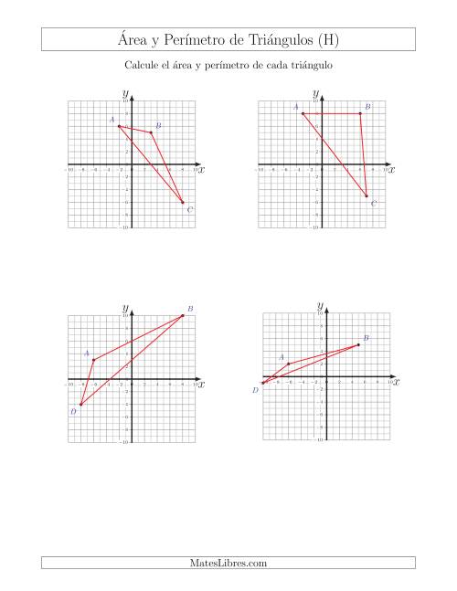 La hoja de ejercicios de Calcular el Área y el Perímetro de Triángulos a partir de sus coordenadas (H)