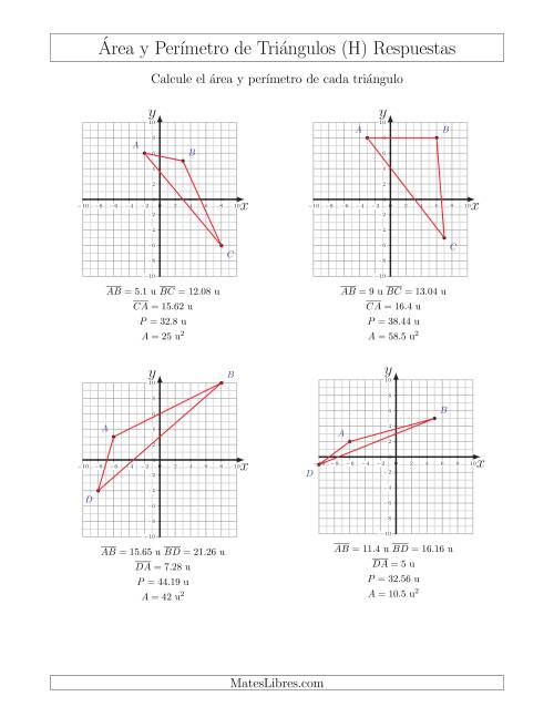 La hoja de ejercicios de Calcular el Área y el Perímetro de Triángulos a partir de sus coordenadas (H) Página 2