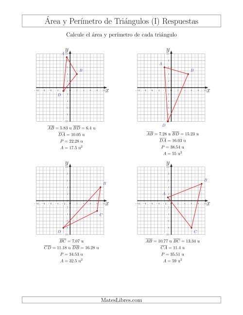 La hoja de ejercicios de Calcular el Área y el Perímetro de Triángulos a partir de sus coordenadas (I) Página 2
