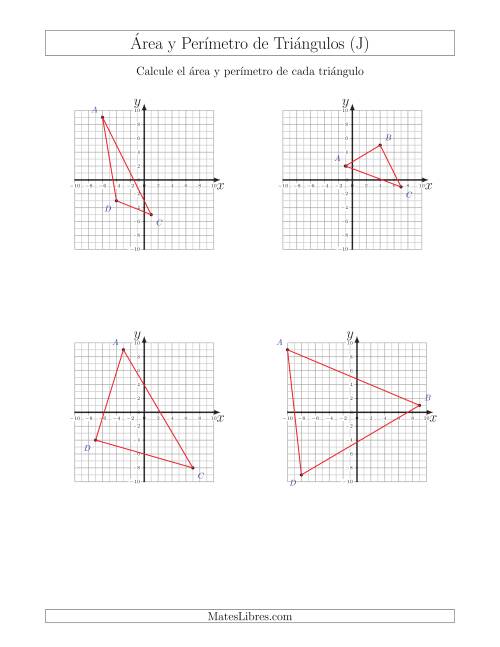 La hoja de ejercicios de Calcular el Área y el Perímetro de Triángulos a partir de sus coordenadas (J)
