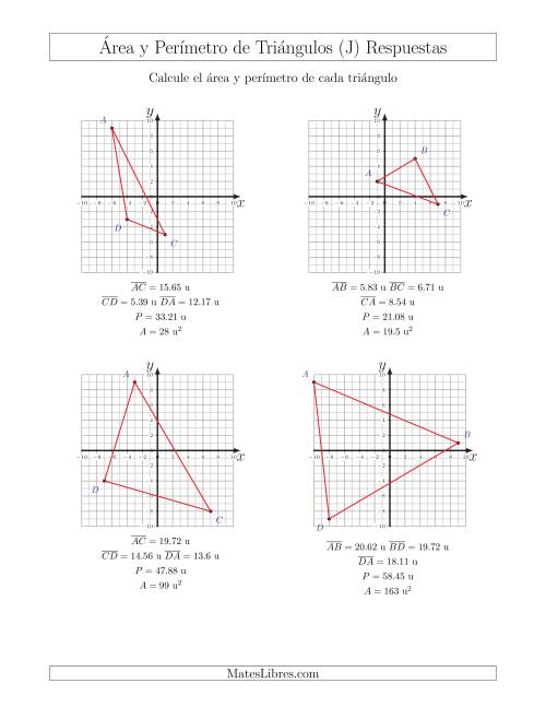 La hoja de ejercicios de Calcular el Área y el Perímetro de Triángulos a partir de sus coordenadas (J) Página 2