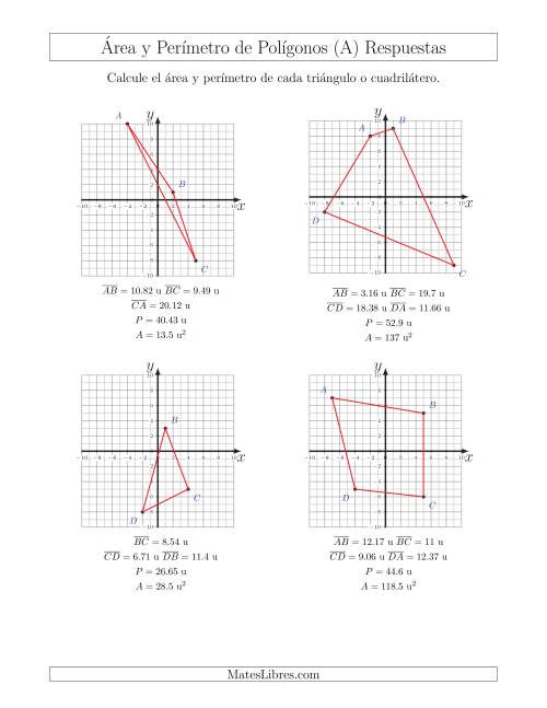 La hoja de ejercicios de Calcular el Área y el Perímetro de Triángulos y Cuadriláteros a partir de sus coordenadas (A) Página 2
