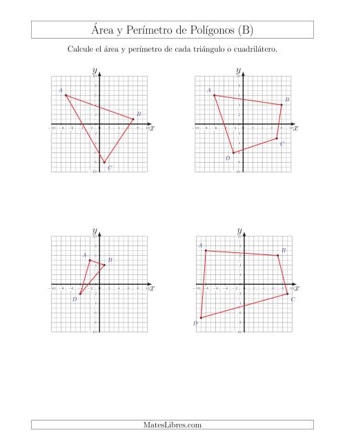 La hoja de ejercicios de Calcular el Área y el Perímetro de Triángulos y Cuadriláteros a partir de sus coordenadas (B)