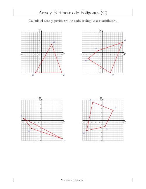 La hoja de ejercicios de Calcular el Área y el Perímetro de Triángulos y Cuadriláteros a partir de sus coordenadas (C)