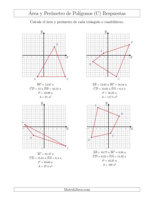 La hoja de ejercicios de Calcular el Área y el Perímetro de Triángulos y Cuadriláteros a partir de sus coordenadas (C) Página 2