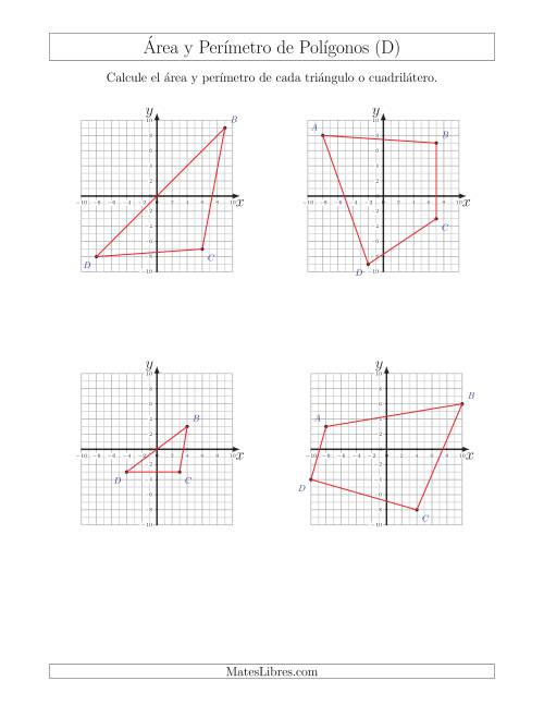 La hoja de ejercicios de Calcular el Área y el Perímetro de Triángulos y Cuadriláteros a partir de sus coordenadas (D)