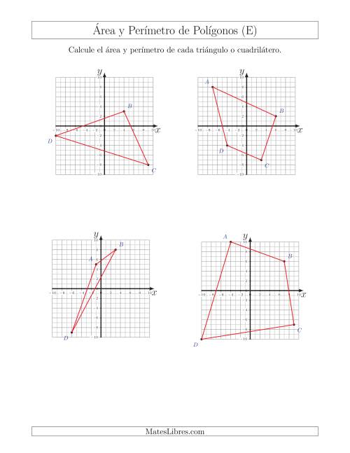 La hoja de ejercicios de Calcular el Área y el Perímetro de Triángulos y Cuadriláteros a partir de sus coordenadas (E)