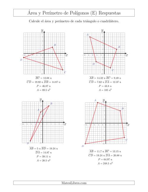 La hoja de ejercicios de Calcular el Área y el Perímetro de Triángulos y Cuadriláteros a partir de sus coordenadas (E) Página 2