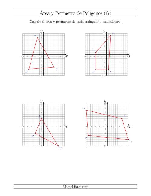 La hoja de ejercicios de Calcular el Área y el Perímetro de Triángulos y Cuadriláteros a partir de sus coordenadas (G)