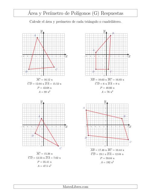 La hoja de ejercicios de Calcular el Área y el Perímetro de Triángulos y Cuadriláteros a partir de sus coordenadas (G) Página 2