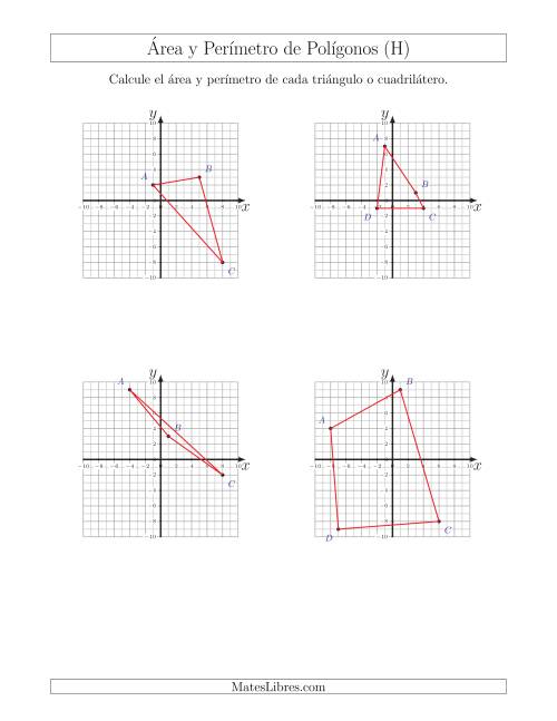 La hoja de ejercicios de Calcular el Área y el Perímetro de Triángulos y Cuadriláteros a partir de sus coordenadas (H)