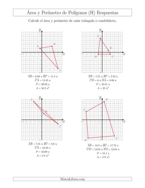 La hoja de ejercicios de Calcular el Área y el Perímetro de Triángulos y Cuadriláteros a partir de sus coordenadas (H) Página 2