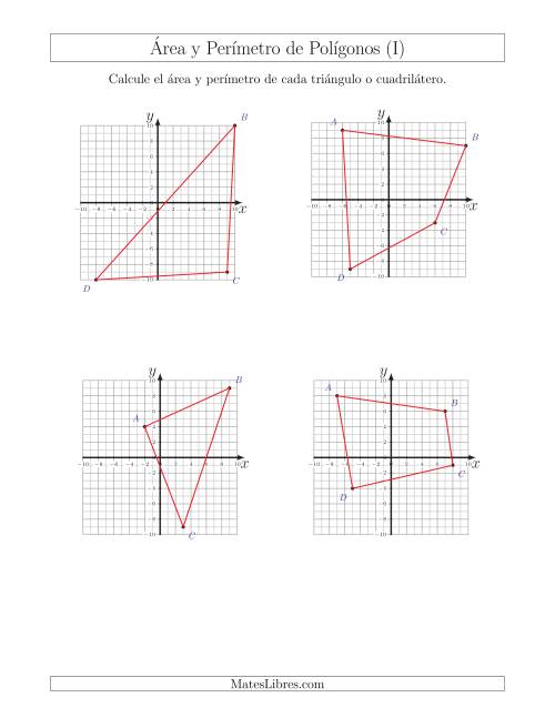 La hoja de ejercicios de Calcular el Área y el Perímetro de Triángulos y Cuadriláteros a partir de sus coordenadas (I)