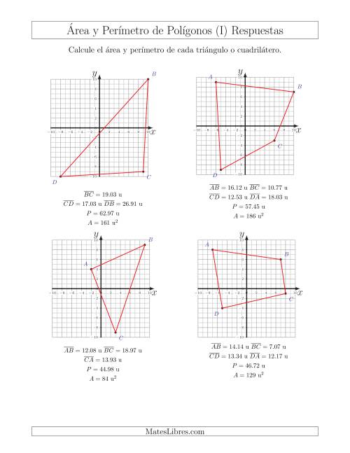 La hoja de ejercicios de Calcular el Área y el Perímetro de Triángulos y Cuadriláteros a partir de sus coordenadas (I) Página 2