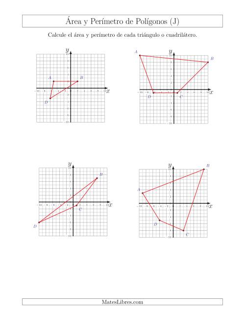 La hoja de ejercicios de Calcular el Área y el Perímetro de Triángulos y Cuadriláteros a partir de sus coordenadas (J)