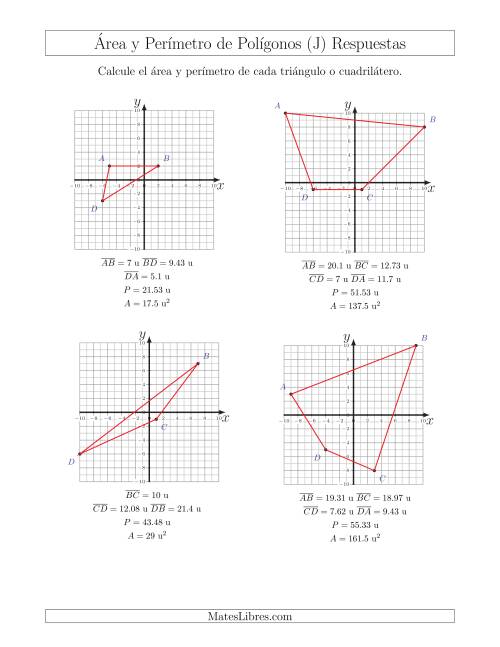 La hoja de ejercicios de Calcular el Área y el Perímetro de Triángulos y Cuadriláteros a partir de sus coordenadas (J) Página 2
