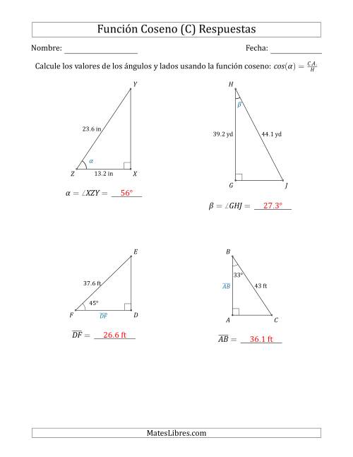 La hoja de ejercicios de Calcular Valores de Ángulos y Lados usando la Función Coseno (C) Página 2