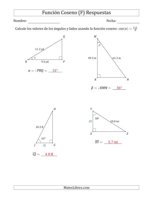 La hoja de ejercicios de Calcular Valores de Ángulos y Lados usando la Función Coseno (F) Página 2