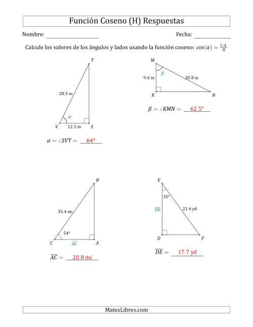 La hoja de ejercicios de Calcular Valores de Ángulos y Lados usando la Función Coseno (H) Página 2