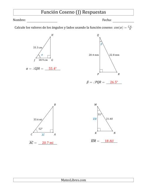 La hoja de ejercicios de Calcular Valores de Ángulos y Lados usando la Función Coseno (J) Página 2