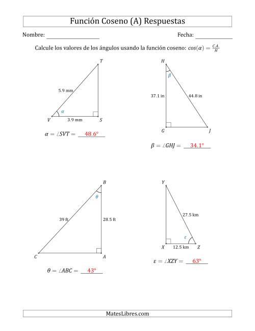 La hoja de ejercicios de Calcular Valores de Ángulos usando la Función Coseno (A) Página 2
