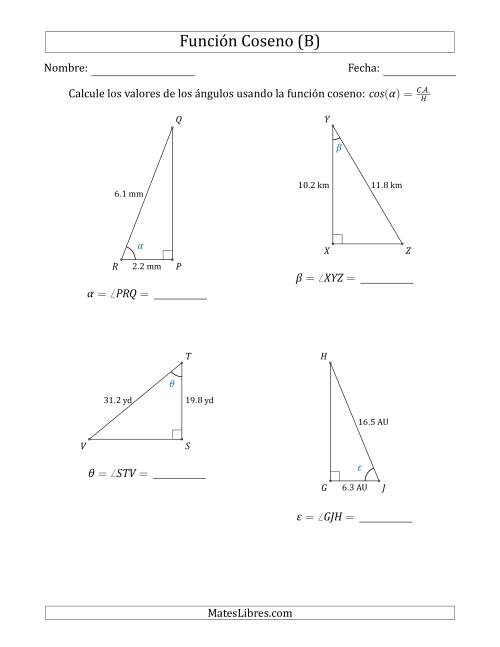 La hoja de ejercicios de Calcular Valores de Ángulos usando la Función Coseno (B)