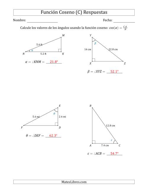 La hoja de ejercicios de Calcular Valores de Ángulos usando la Función Coseno (C) Página 2